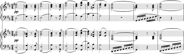 Fig. 3: Als beide pianisten kort inhouden bij een zachte homofone passage, lijken ze even de blazersgroep van een orkest te imiteren