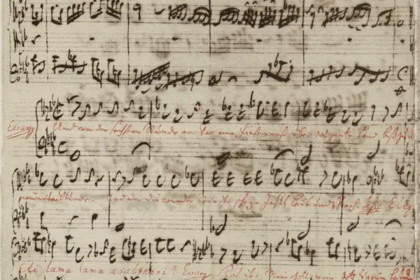 Het begin van recitatief nr. 61a met de bijbeltekst in rood