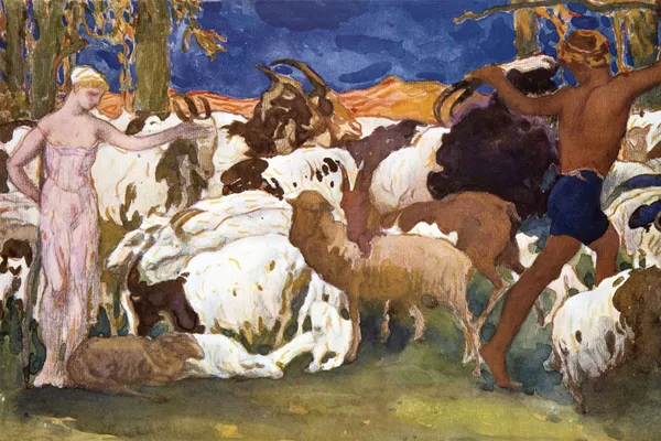 De herders, Daphnis en Chloé; door Léon Bakst, 1912