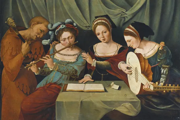 Drie musicerende vrouwen en een nar