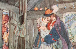 Faust en Gretchen, terwijl Mephistopheles om de hoek kijkt