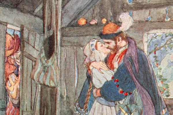 Faust en Gretchen, terwijl Mephistopheles om de hoek kijkt