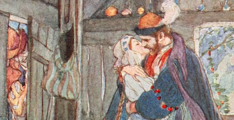 Faust en Gretchen, terwijl Mephistopheles om de hoek kijkt