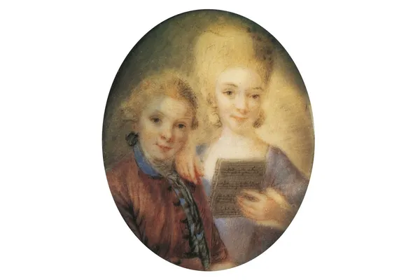 Wolfgang Amadeus en Nannerl Mozart; miniatuurschildering op ivoor
