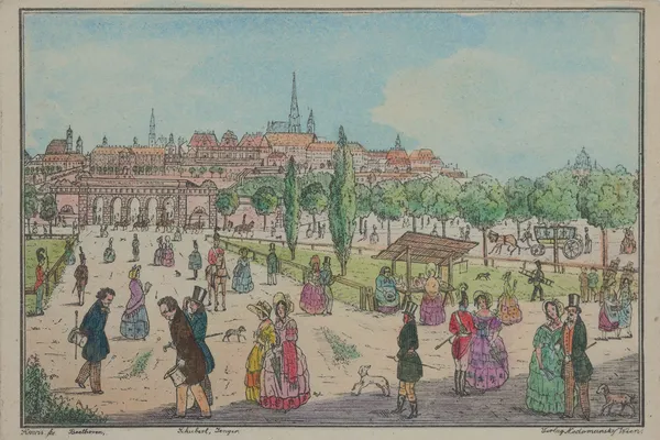 Ontmoeting tussen Schubert en Beethoven voor de Burgtor in Wenen; ansichtkaart, maker onbekend, ca. 1930