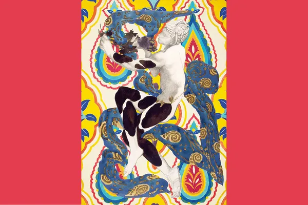 Collage van twee Leon Bakst-ontwerpen: Vaslav Nijinski in Prélude à l’après-midi d’un faune en een stofontwerp