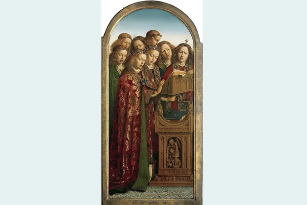 Zingende engelen; altaarstuk in de Sint-Baafskathedraal in Gent door Jan Van Eyck, circa 1430-32